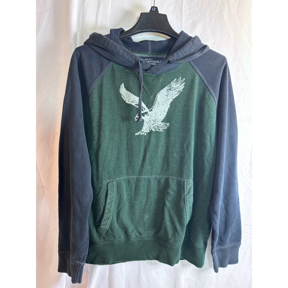 American Eagle Hoodie Y2K? Medium M Green Navy Raglan Eagle Graphic Mens